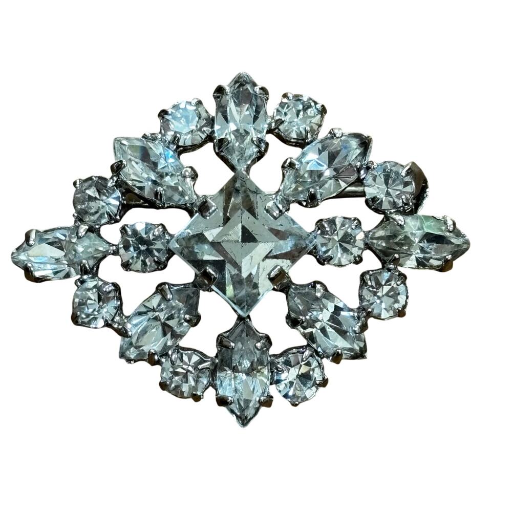 Vintage Art Deco style silver Brooch with white rhinestones petite geometric
